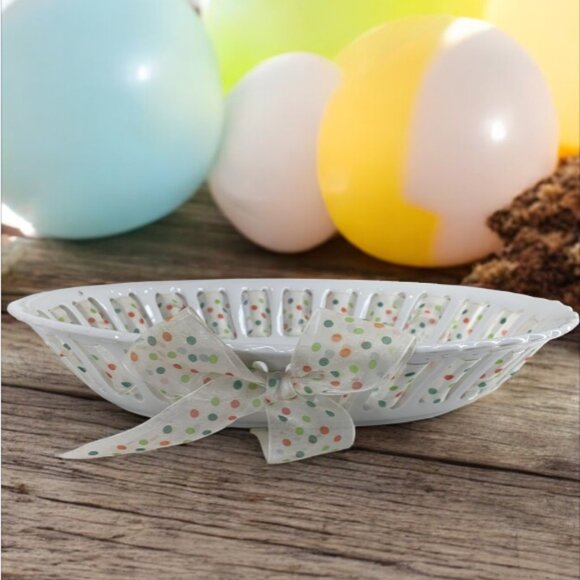 PARTY PLATE -- Ceramic, Bread/Candy/Cookies/Favors, Polka Dot Ribbon Wrapped - Picture 1 of 9